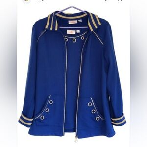 Quacker Factory Womens Jacket Tank Set Blue Gold Zip Bling Pockets *FLAW